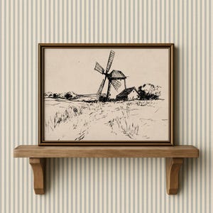Vintage Windmill Fall Sketch Print - Western Wall Art, Rustic Farmhouse Line Drawing, Neutral Countryside Autumn Decor, Digital Download