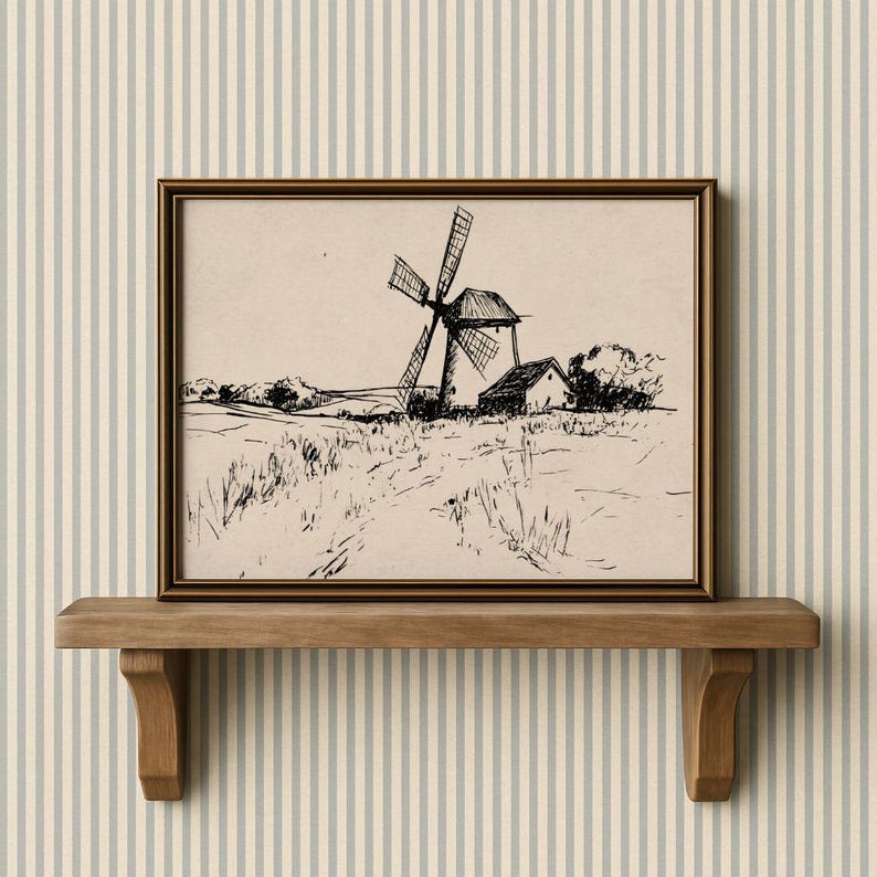 Vintage Windmill Fall Sketch Print - Western Wall Art, Rustic Farmhouse Line Drawing, Neutral Countryside Autumn Decor, Digital Download