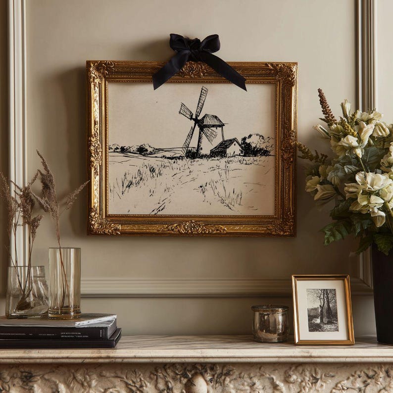 Vintage Windmill Fall Sketch Print - Western Wall Art, Rustic Farmhouse Line Drawing, Neutral Countryside Autumn Decor, Digital Download