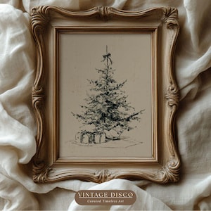 Boceto de árbol de Navidad de estilo antiguo: impresión navideña vintage neutra, decoración invernal atemporal del Viejo Mundo