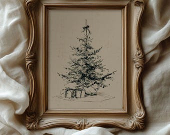 Antique Style Christmas Tree Sketch - Vintage Neutral Holiday Print, Timeless Old World Winter Decor