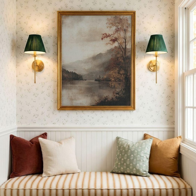 Vintage Autumn Lake Landscape - Printable Fall Wall Art, Muted Rustic Farmhouse Decor