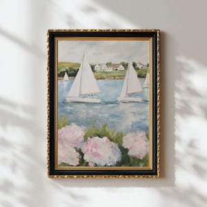 Coastal Hydrangeas & Sailboats Print: Preppy Pink Grandmillenial Summer Wall Art, Coquette Beachy Apartment DecorCoastal Hydrangeas & Sailboats Print: Preppy Pink Grandmillenial Summer Wall Art, Coquette Beachy Apartment Decor