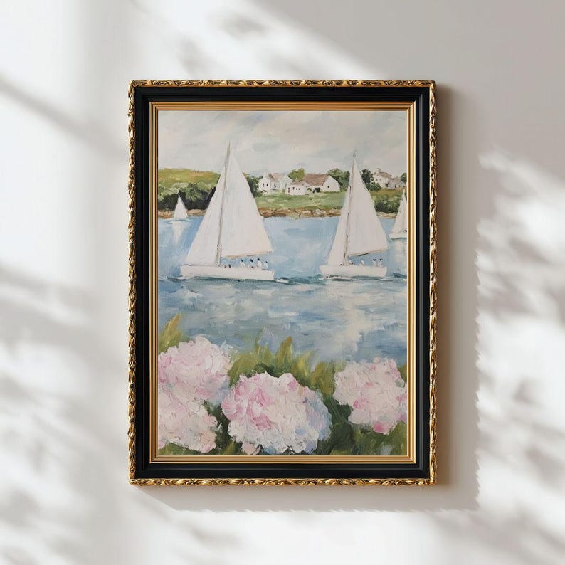 Coastal Hydrangeas & Sailboats Print: Preppy Pink Grandmillenial Summer Wall Art, Coquette Beachy Apartment DecorCoastal Hydrangeas & Sailboats Print: Preppy Pink Grandmillenial Summer Wall Art, Coquette Beachy Apartment Decor