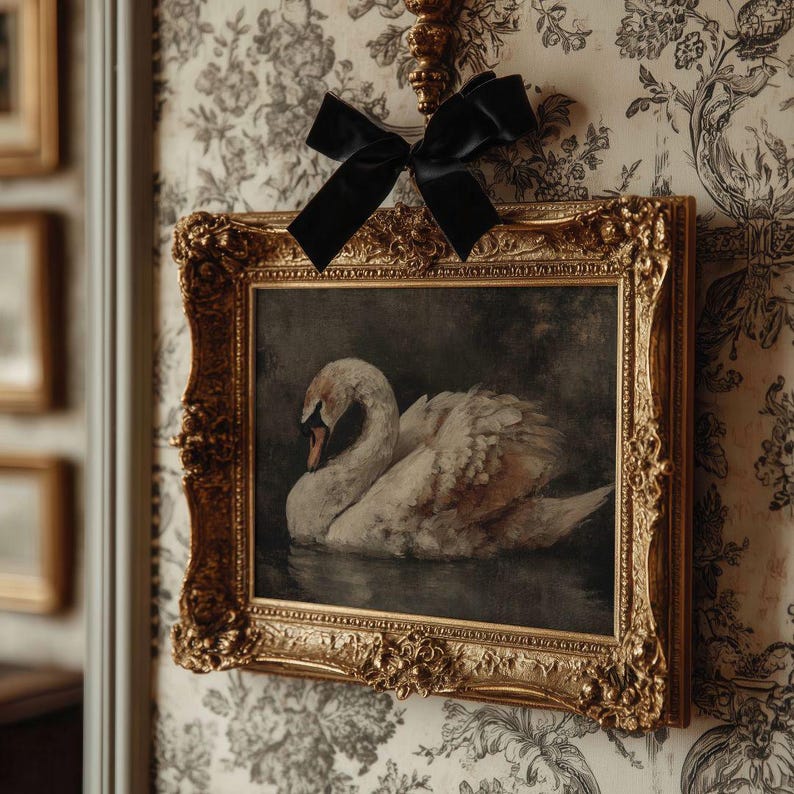 Stampa di cigni Moody Dark Academia - Stampa rustica in stile fattoria francese, arte classica degli uccelli Cottagecore immagine 3