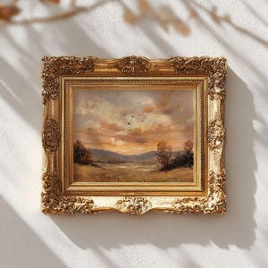 Autumn Sunset Pastoral Landscape Wall Art - Vintage Rustic Fall Printable, Cozy Country Farmhouse Decor