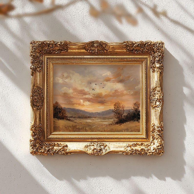 Autumn Sunset Pastoral Landscape Wall Art - Vintage Rustic Fall Printable, Cozy Country Farmhouse Decor