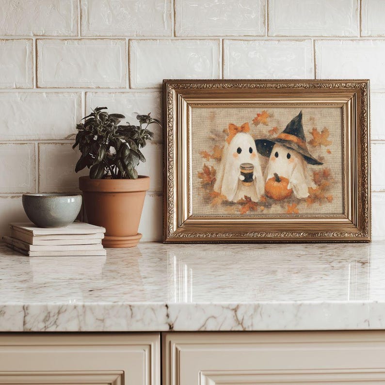 Cottagecore Ghost Coffee Halloween Print - Kitschy Autumn Kitchen Printable, Spooky Season Party Decor