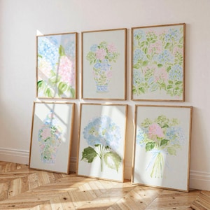 Pastel Pink Blue & Green Watercolor Hydrangeas Set - Preppy Grandmillenial Floral College Dorm Prints