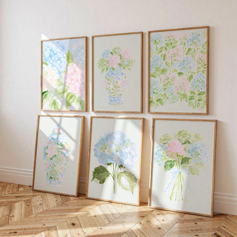 Pastel Pink Blue & Green Watercolor Hydrangeas Set - Preppy Grandmillenial Floral College Dorm Prints