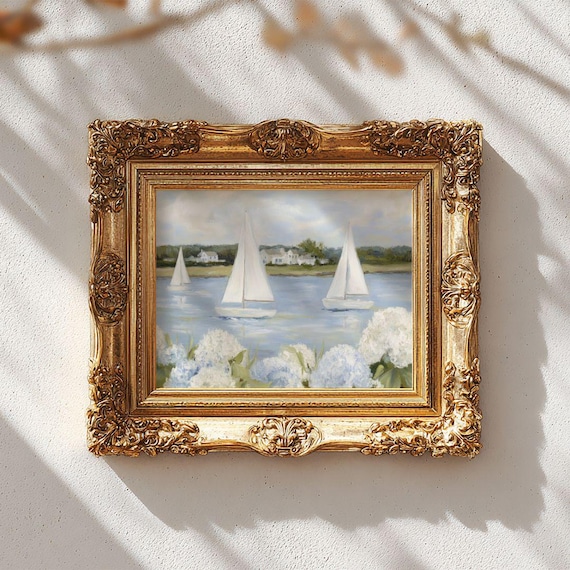 Grandmillenial Preppy Coastal Art Print - Coastal-Grandaughter Sailboat Floral Printable, Beachy Cottagecore Decor