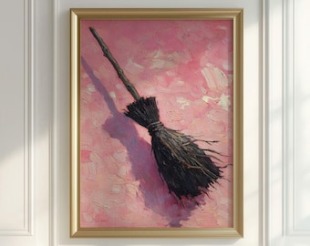 Whimsical Pink Witch Broom Print - Girly Halloween Spooky Season Wall Art Printable