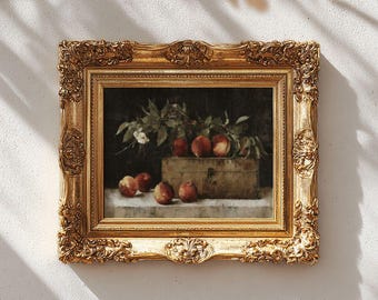 Vintage Peaches Still-Life Kitchen Painting - Vintage Dining Room Print, Dark French Country Farmhouse Printable
