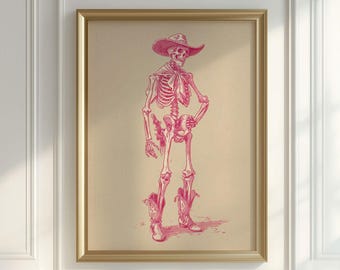 Pink Cowboy Skeleton Print - Pastel Goth Western Preppy Halloween Wall Art Printable