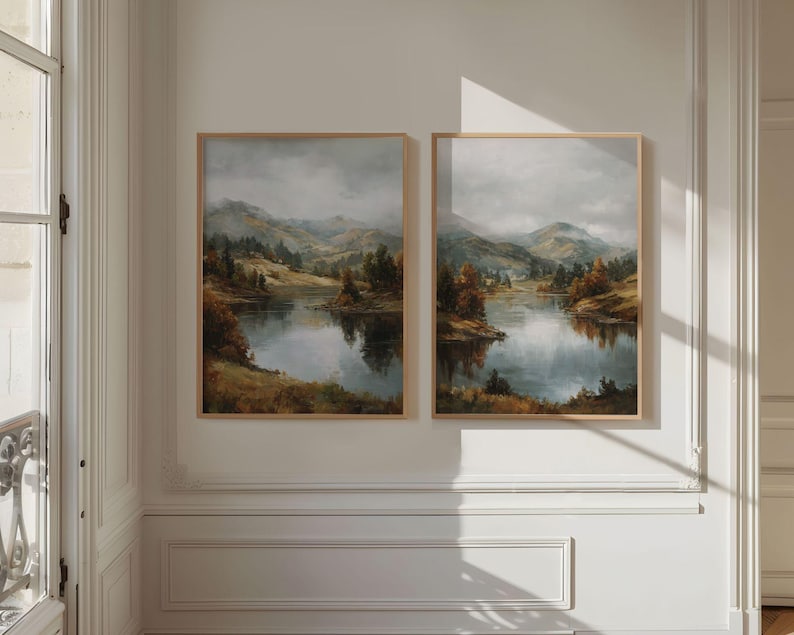 Vintage Fall Lake Landscape Print Set of 2: Rustic Wall Art (printable ...