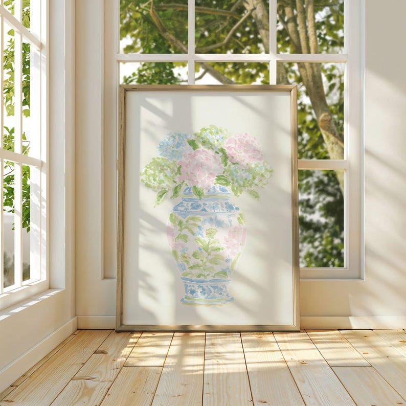 Pastel Pink Blue & Green Watercolor Hydrangeas Set - Preppy Grandmillenial Floral College Dorm Prints