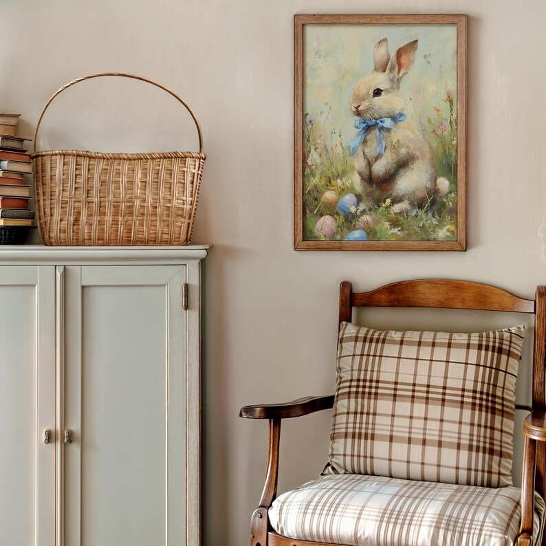Vintage Easter Bunny Painting, Cottagecore Easter Painting, Light Academia Wall Art,  Printable Cute Rabbit, Neutral Spring Easter Decor