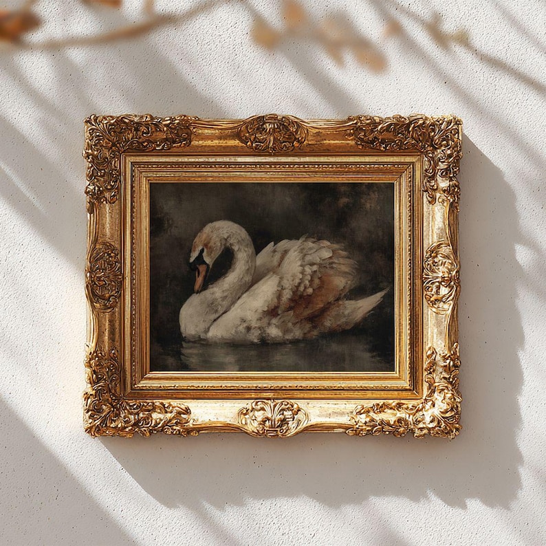 Moody Dark Academia Swan Print -  Rustic French Country Farmhouse Printable, Cottagecore Classic Bird Art