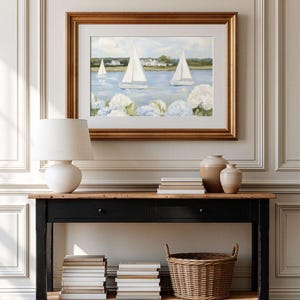 Grandmillenial Preppy Coastal Art Print - Coastal Granddaughter Hydrangeas & Sailboat Printable, Beachy Home Decor