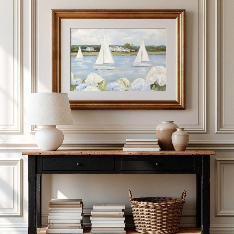 Grandmillenial Preppy Coastal Art Print - Coastal Granddaughter Hydrangeas & Sailboat Printable, Beachy Home Decor