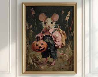 Op de afbeelding: Een ingelijste vintage kunstprint met een muis in een overall en een roze shirt, met een uitgesneden pompoen. De muis heeft een rugzak en staat tegen een donkere, grasrijke achtergrond. De tekst "VINTAGE DISCO Curated Timeless Art" staat bovenaan.