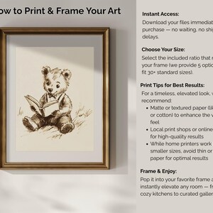 May include: Framed sepia-toned print featuring a charming teddy bear reading a book. The artwork is presented in a gold-colored frame, with text at the top reading "How to Print & Frame Your Art."