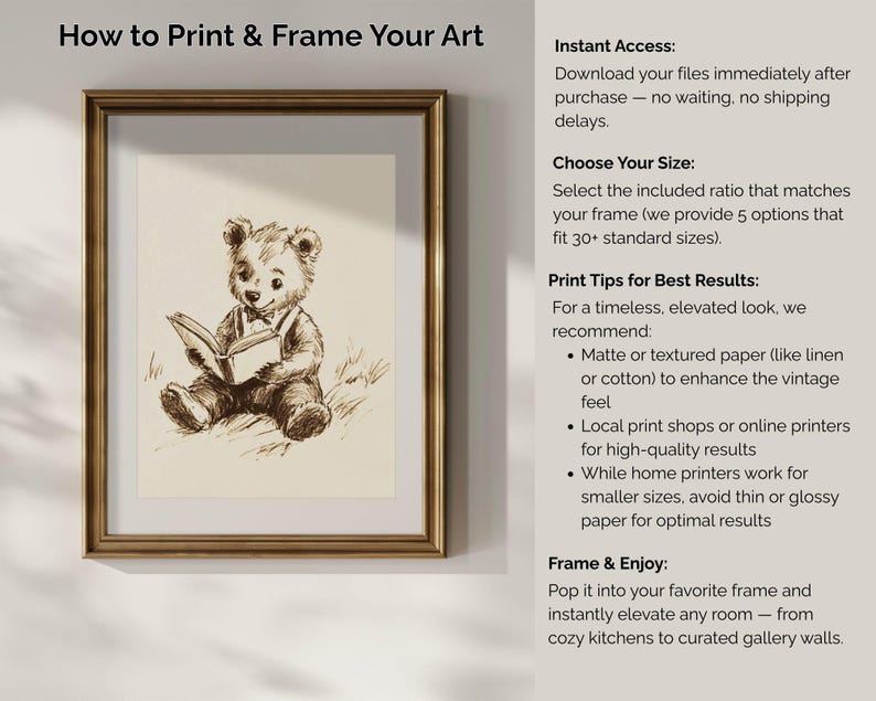 May include: Framed sepia-toned print featuring a charming teddy bear reading a book. The artwork is presented in a gold-colored frame, with text at the top reading "How to Print & Frame Your Art."