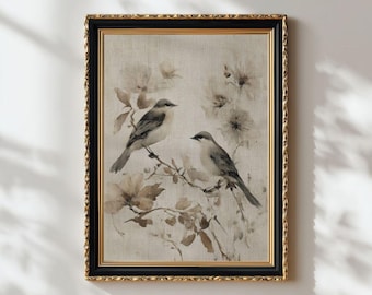 Estampado botánico de pájaros cantores - Ilustración de aves campestres francesas con un toque melancólico, arte imprimible moderno en lino orgánico neutro