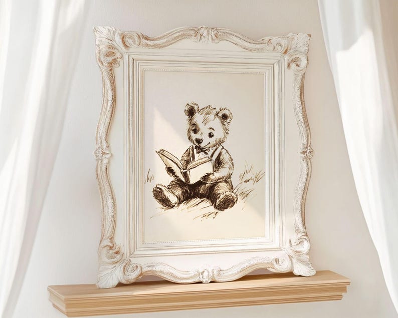Vintage Bear Sketch Nursery Wall Art, Neutral Woodland Animal Print, Storybook Teddy Print, Kids Playroom Decor, Cottagecore Nursery Print