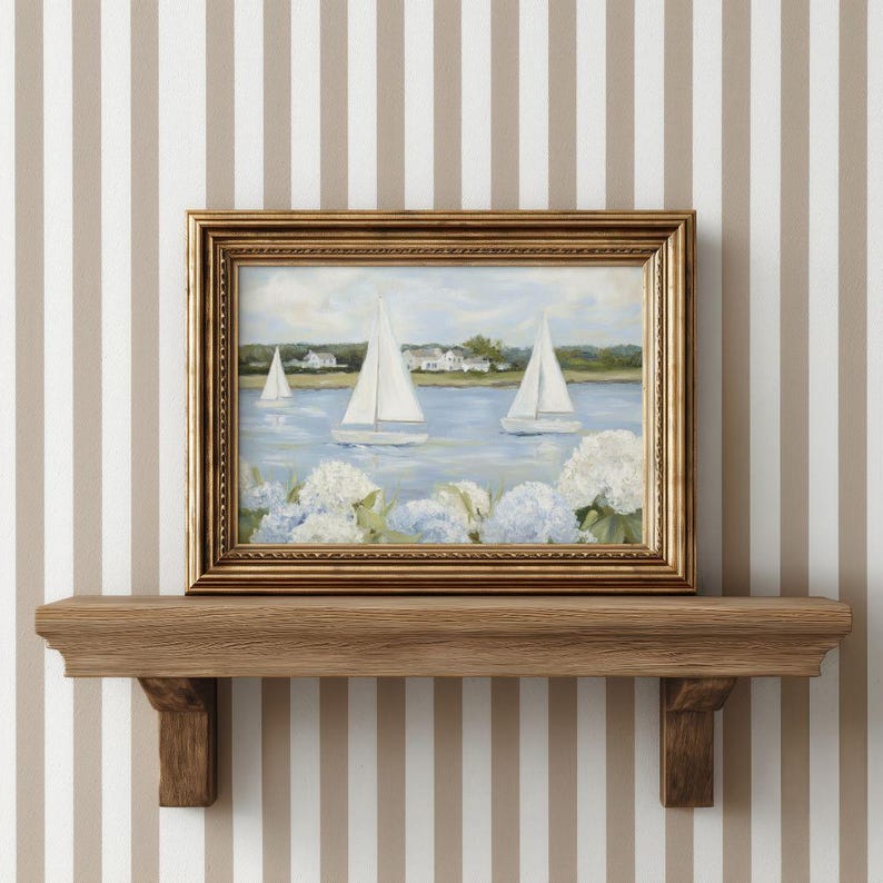Grandmillenial Preppy Coastal Art Print - Coastal Granddaughter Hydrangeas & Sailboat Printable, Beachy Home Decor