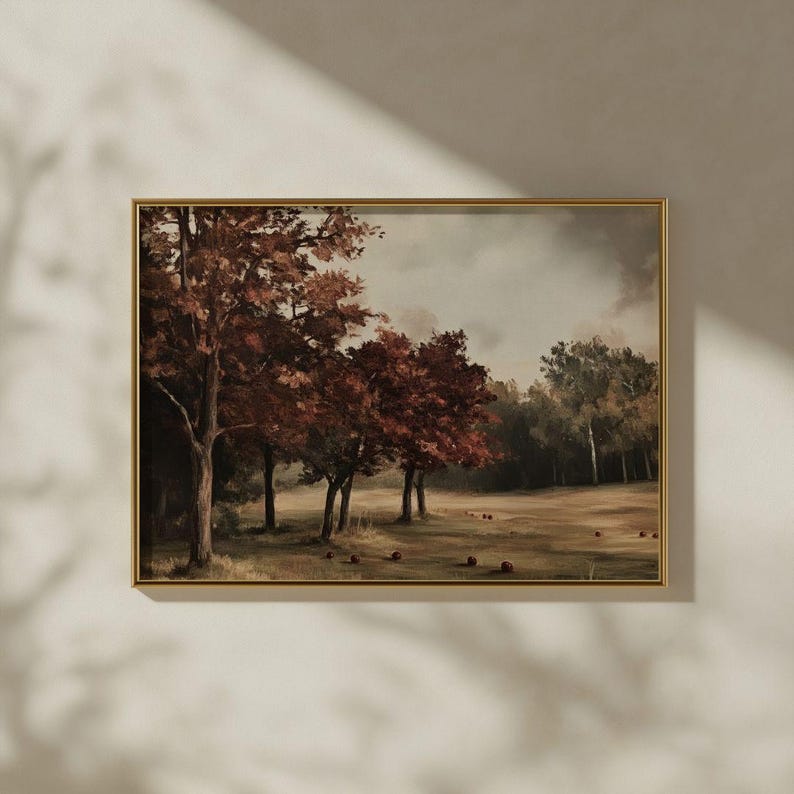 Rustic Fall Apple Orchard Print - Vintage Autumn Landscape, Moody French Country Farmhouse Printable