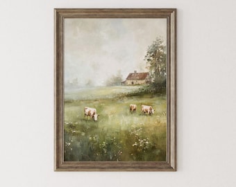 English Countryside Grazing Cows Print - Vintage Farming Landscape Art, Pastoral Ranching Decor