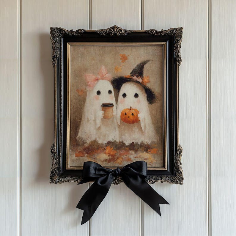 Cottagecore Ghost Couple Coffee Print - Whimsical Spooky Halloween Decor,  Kids Ghosts Fall Printable Art