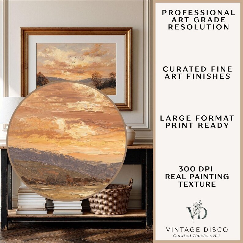 May include: An oil painting of a landscape with a sunset, framed in gold. The painting has a warm color palette of orange, yellow, and brown. The image also includes text that reads "Professional Art Grade Resolution", "Curated Fine Art Finishes", and "Large Format Print Ready".