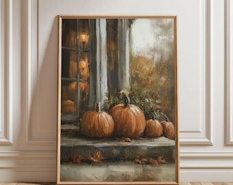 Puede incluir: Una pintura al óleo enmarcada que representa cuatro calabazas naranjas sobre un escalón de piedra. La escena incluye una ventana con luces cálidas, follaje oscuro y hojas de otoño marrones esparcidas por el suelo en tonos tierra.