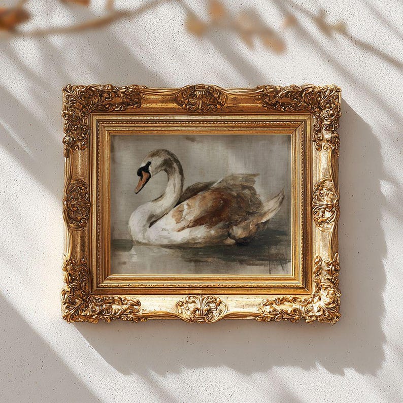 Vintage Swan Print -  Rustic French Country Fall Farmhouse Printable, Cottagecore Autumn Classic Bird Art