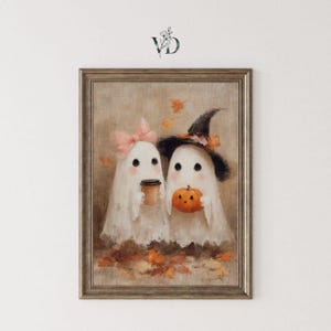 Cottagecore Ghost Couple Coffee Print - Whimsical Spooky Halloween Decor,  Kids Ghosts Fall Printable Art