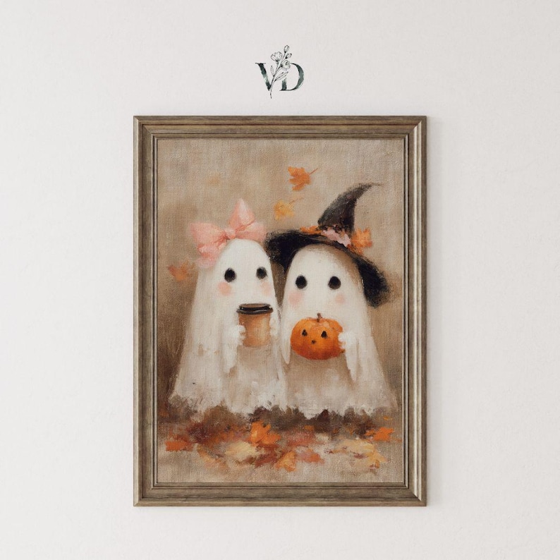 Cottagecore Ghost Couple Coffee Print - Whimsical Spooky Halloween Decor,  Kids Ghosts Fall Printable Art