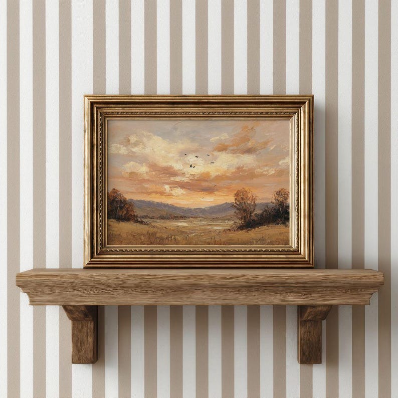 Autumn Sunset Pastoral Landscape Wall Art - Vintage Rustic Fall Printable, Cozy Country Farmhouse Decor