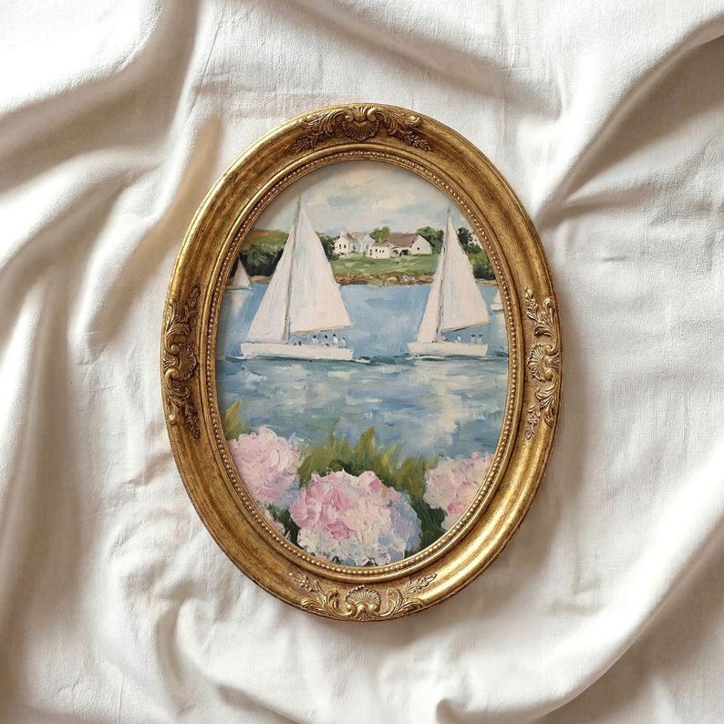 Coastal Hydrangeas & Sailboats Print: Preppy Pink Grandmillenial Summer Wall Art, Coquette Beachy Apartment Decor