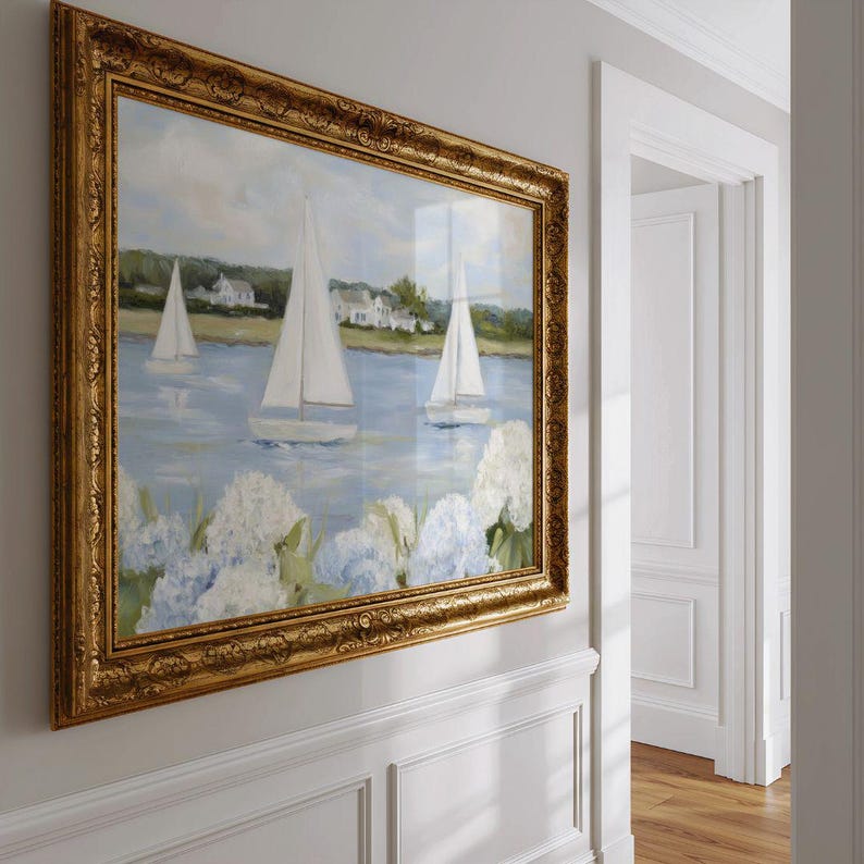 Grandmillenial Preppy Coastal Art Print - Coastal Granddaughter Hydrangeas & Sailboat Printable, Beachy Home Decor
