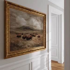 Rustic Bison Farmhouse Print -  Moody Farming Landscape Printable, Warm Pastoral Hunting Ranch Lodge Decor