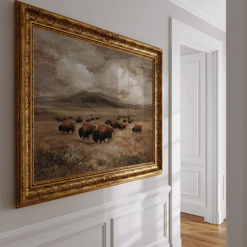 Rustic Bison Farmhouse Print -  Moody Farming Landscape Printable, Warm Pastoral Hunting Ranch Lodge Decor