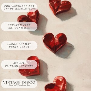 Puede incluir: Una impresi&oacute;n art&iacute;stica que presenta varias formas de coraz&oacute;n rojas con una textura pict&oacute;rica. La imagen incluye texto que dice "Resoluci&oacute;n de grado art&iacute;stico profesional", "Acabados de arte fino curados", "Listo para impresi&oacute;n de formato grande", "Textura pict&oacute;rica de 300 DPI" y "Vintage Disco".