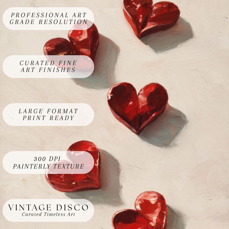 Puede incluir: Una impresi&oacute;n art&iacute;stica que presenta varias formas de coraz&oacute;n rojas con una textura pict&oacute;rica. La imagen incluye texto que dice "Resoluci&oacute;n de grado art&iacute;stico profesional", "Acabados de arte fino curados", "Listo para impresi&oacute;n de formato grande", "Textura pict&oacute;rica de 300 DPI" y "Vintage Disco".