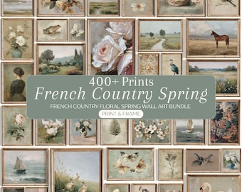 Könnte beinhalten: Eine Sammlung gerahmter Kunstdrucke in verschiedenen Größen und Stilen. Die Drucke zeigen Blumen-, Landschafts- und Tiermotive im Vintage-Stil des französischen Landhausstils. Der Text lautet "400+ Prints French Country Spring".