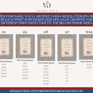 May include: A digital print guide titled Vintage Disco featuring the text One Nation Under God with an American flag graphic. It displays five different aspect ratios including 3:4, 4:5, 4:6, 5:7, and 11:14, listing various compatible frame sizes in inches.