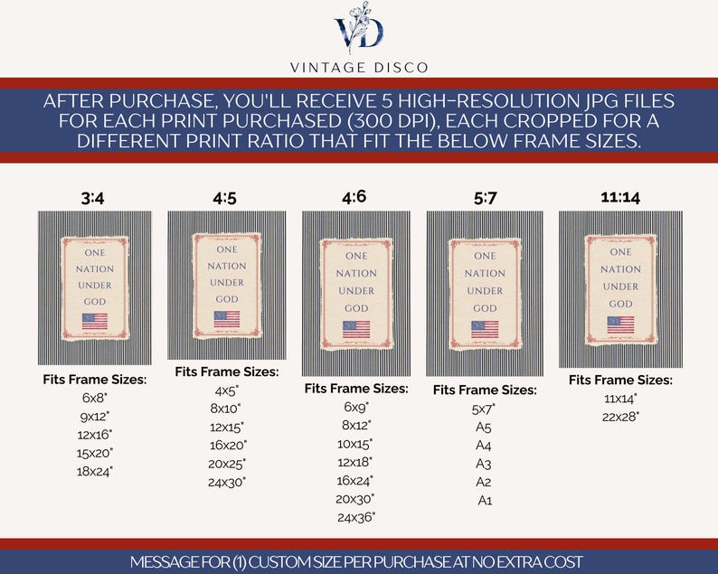 May include: A digital print guide titled Vintage Disco featuring the text One Nation Under God with an American flag graphic. It displays five different aspect ratios including 3:4, 4:5, 4:6, 5:7, and 11:14, listing various compatible frame sizes in inches.