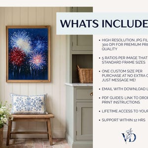 May include: A framed print of a fireworks display in red, white, and blue against a dark blue background. The print is displayed above a wooden bench with a floral pillow. The text "WHATS INCLUDED?" is visible.