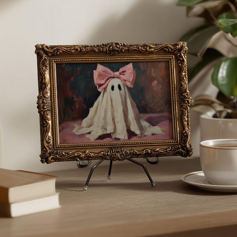 Pink Bow Ghost Halloween Wall Art - Cute Spooky Halloween Printable, Whimsical Girly Halloween Art, Pastel Fall Artwork, Preppy Cottagecore
